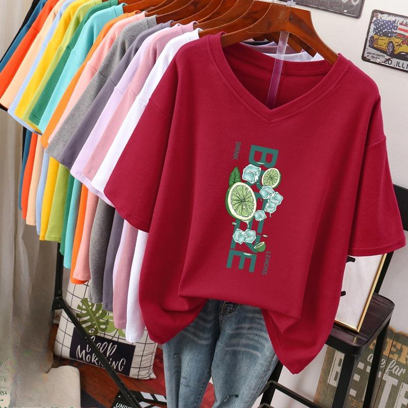 Kurzärmeliges T-Shirt, Locker sitzend, Schlankmachendes bedrucktes V-Ausschnitt-Top für Damen