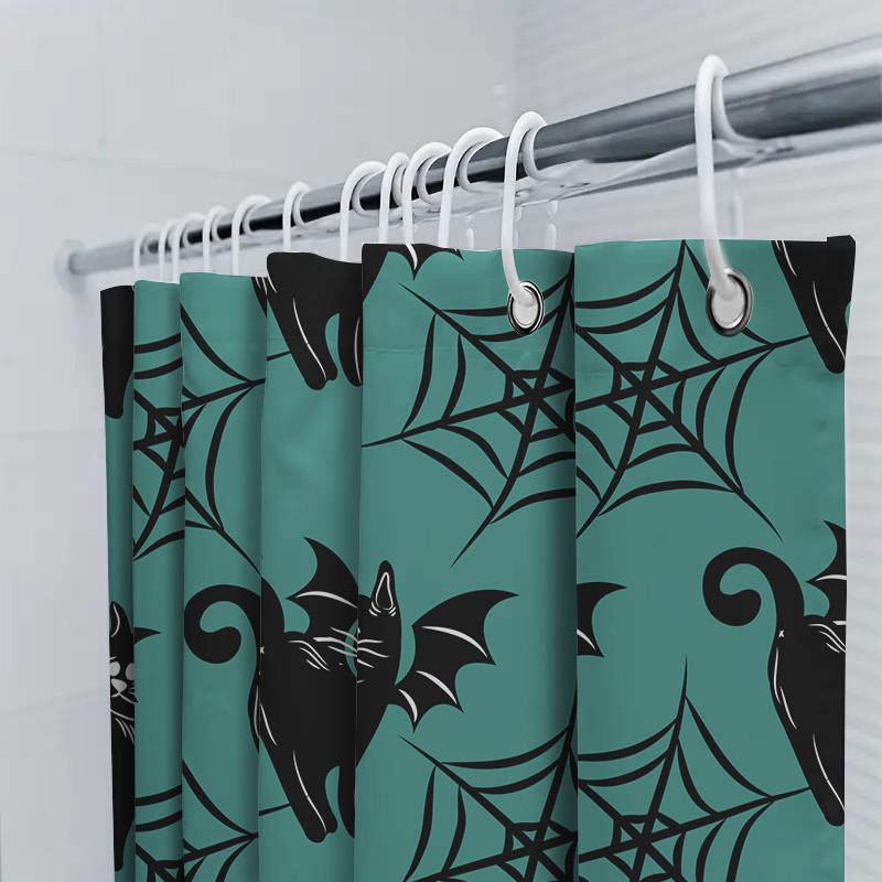 Halloween-Themed Shower Curtain With Black Cats And Spider Webs For Bathroom Decor In Turquoise Blue Color