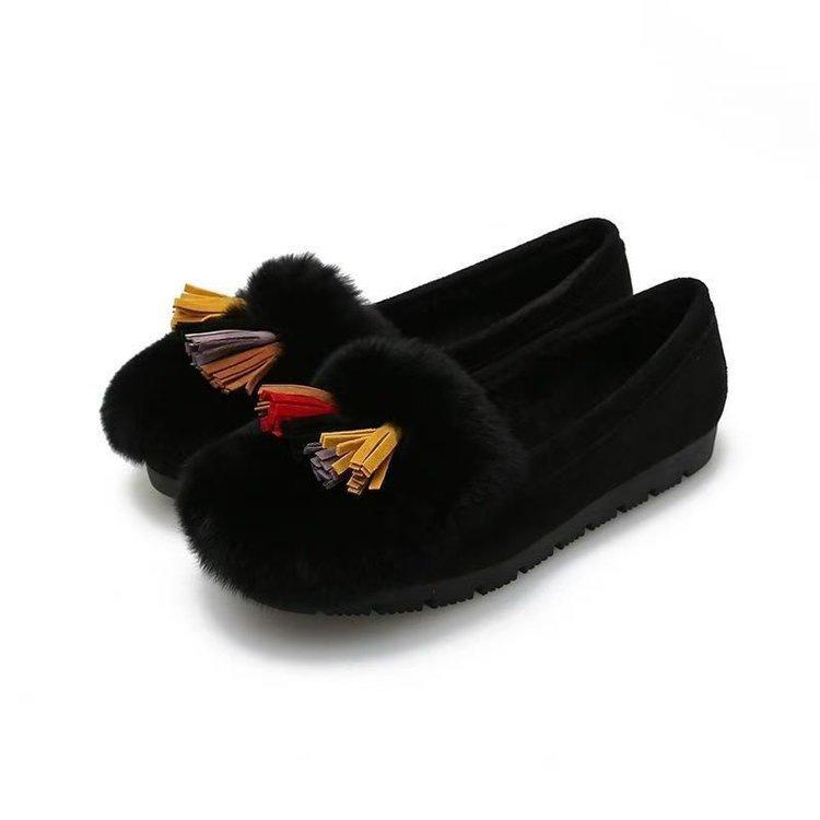 Tassel thick-soled fluffy shoes for women's 2025 winter new outer wear, velvet imitation rabbit fur, one pedal, bean shoes, warm cotton shoes