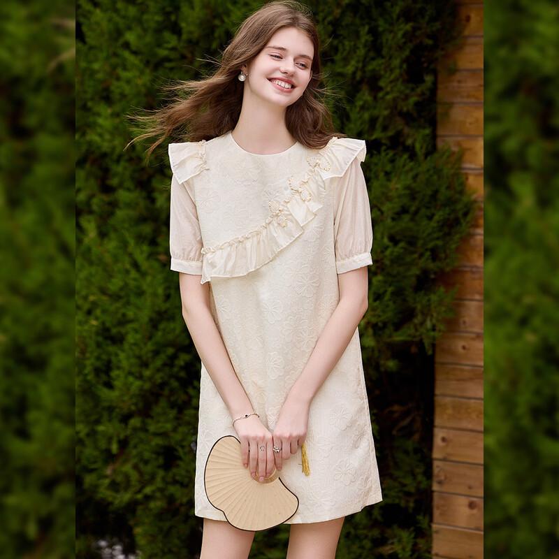 Women s Elegant Retro Ruffle Beaded Summer Midi Dress S