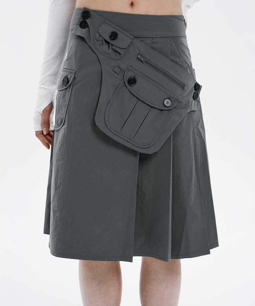 Hanahi Pocket Belt Half Pleated Skirt Gray