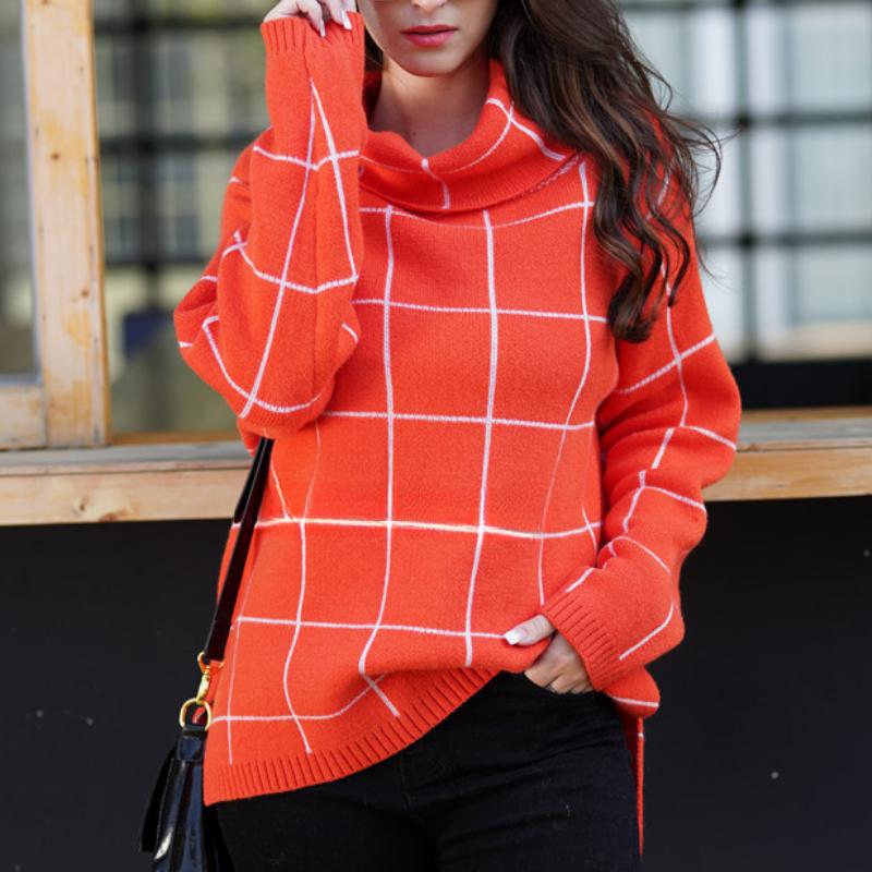 IHUASU Women's Autumn and Winter High Neck Pullover Loose Commuter Knit Sweater Plaid Fashion Jumper