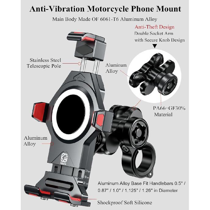 BRCOVAN Aluminum Alloy Motorcycle Phone Mount With Vibration Dampener & High-Speed Secure Lock, Anti-Theft Handlebar Cellphone Holder For Motorcycle