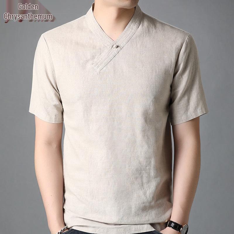 Jinjv Men s V-Neck Linen Blend Short Sleeve T-Shirt 2XL