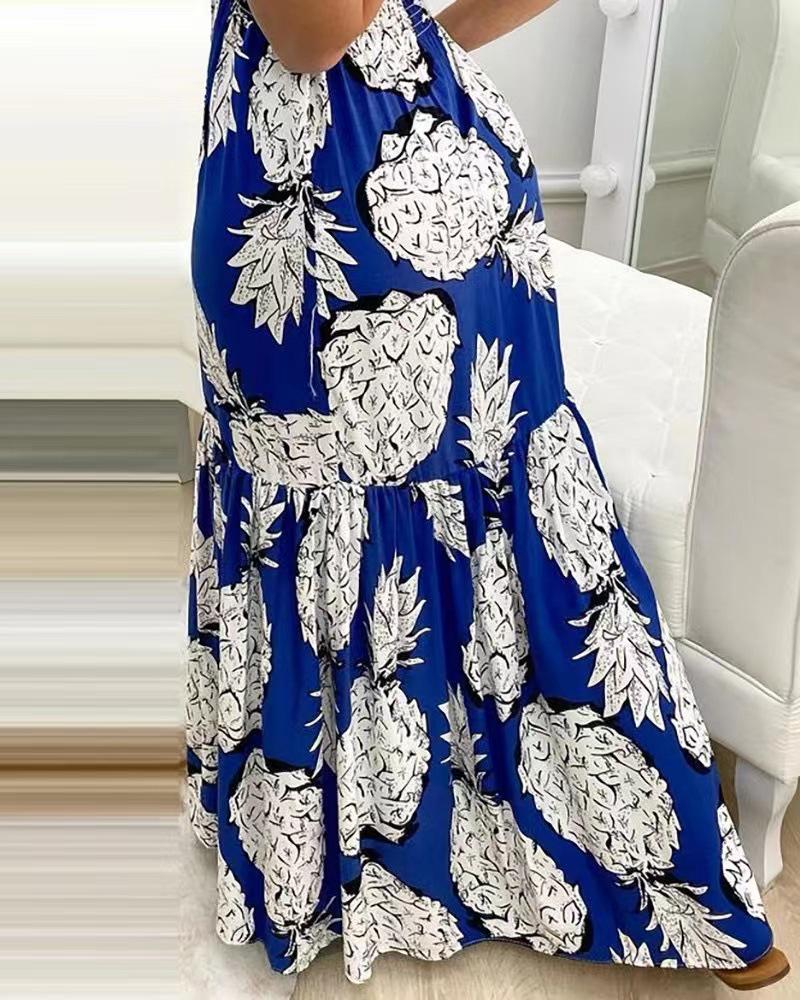 2025 Summer European & American Women's Printed Halter Strap High Waist Deep V Dress