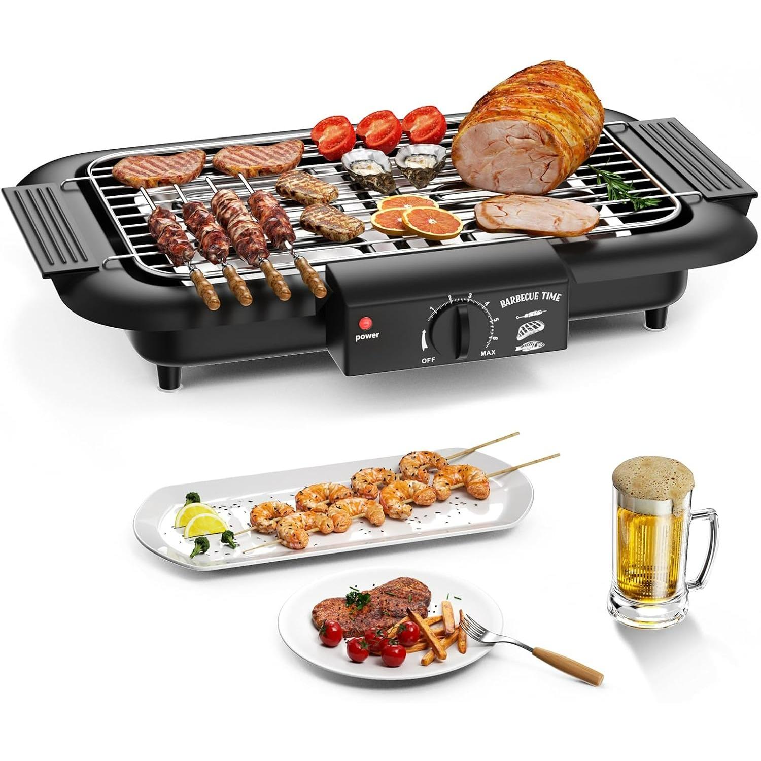 Electric BBQ Grill,Smokeless Non-Stick Indoor/Outdoor Barbecue Grill,Double tube High Power Portable Removable Stand Grill for BBQ Party чёрный