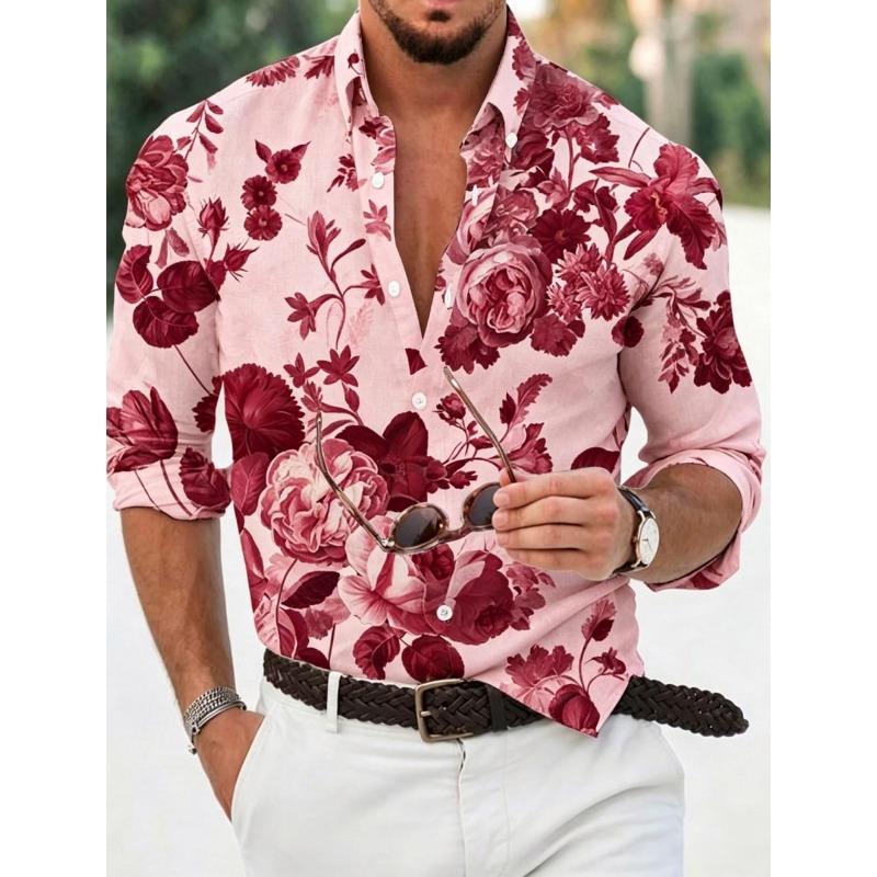 Men's floral shirt long sleeved sports fashion outdoor casual daily autumn and winter flat printed button down collar shirt