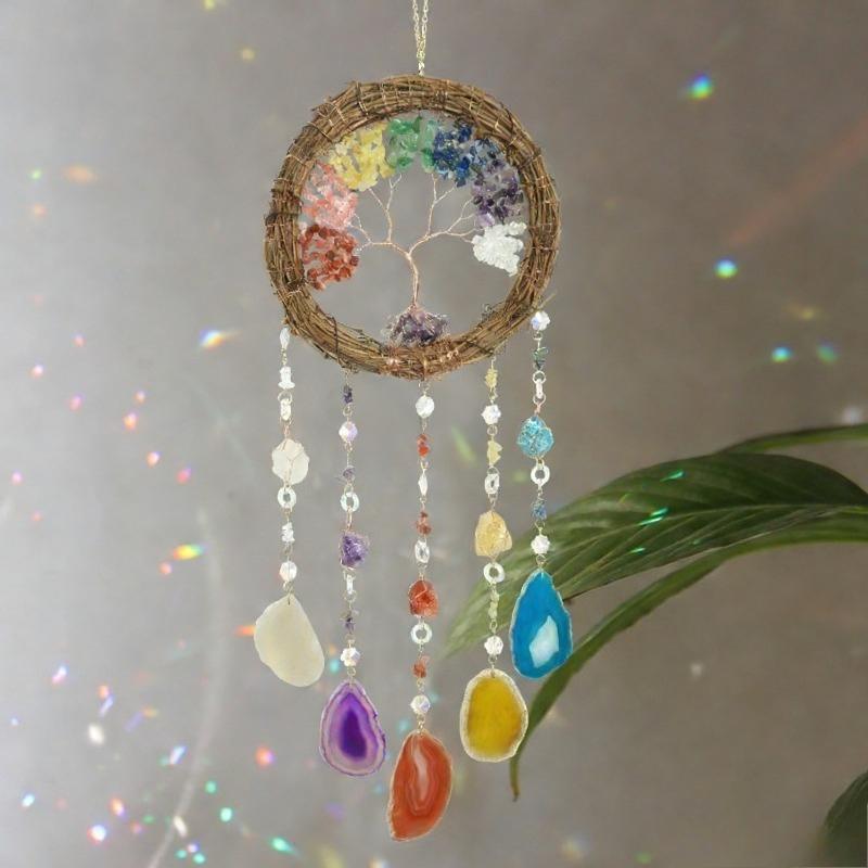 1pcs Crystal Chip Life Tree Dreamcatcher Home Living Room Bedroom Decor Wind Chime Ornament for Indoor Space Decoration