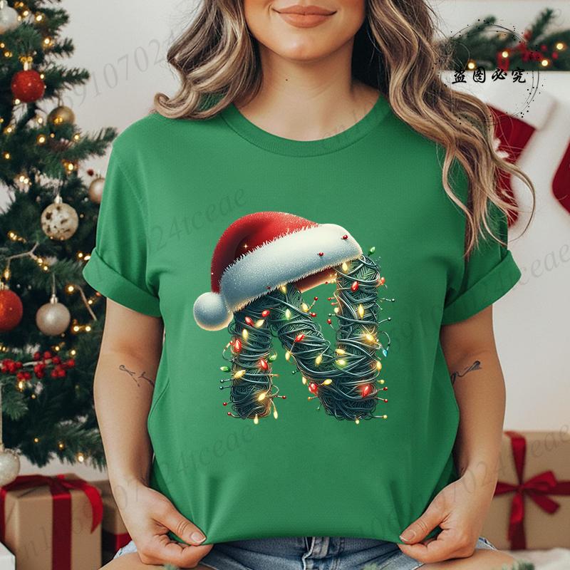Women's Casual T-Shirt Christmas-lights-wrapped-letter Graphic Tshirt Christmas Design Round Neck Short Sleeve Tee Shirt Clothes