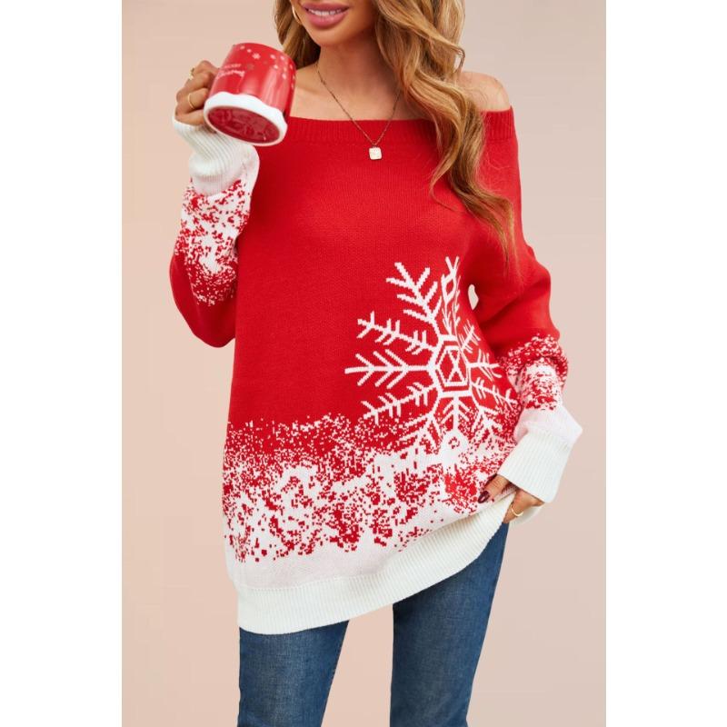 Hot Sale Little Snowflake Christmas Sweater Autumn and Winter Christmas Casual One-Neck Knitted Sweater Women
