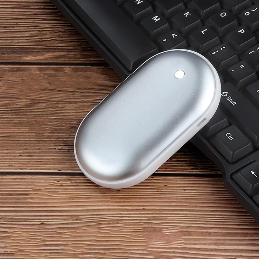 Double-side Heat Hand Warmer Power Bank Silver Energy Saving 5000mAh+ USB Cable