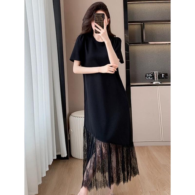 French Lace Patchwork Plus Size Summer Dress - Elegant Loose Short Sleeve Skirt for Women