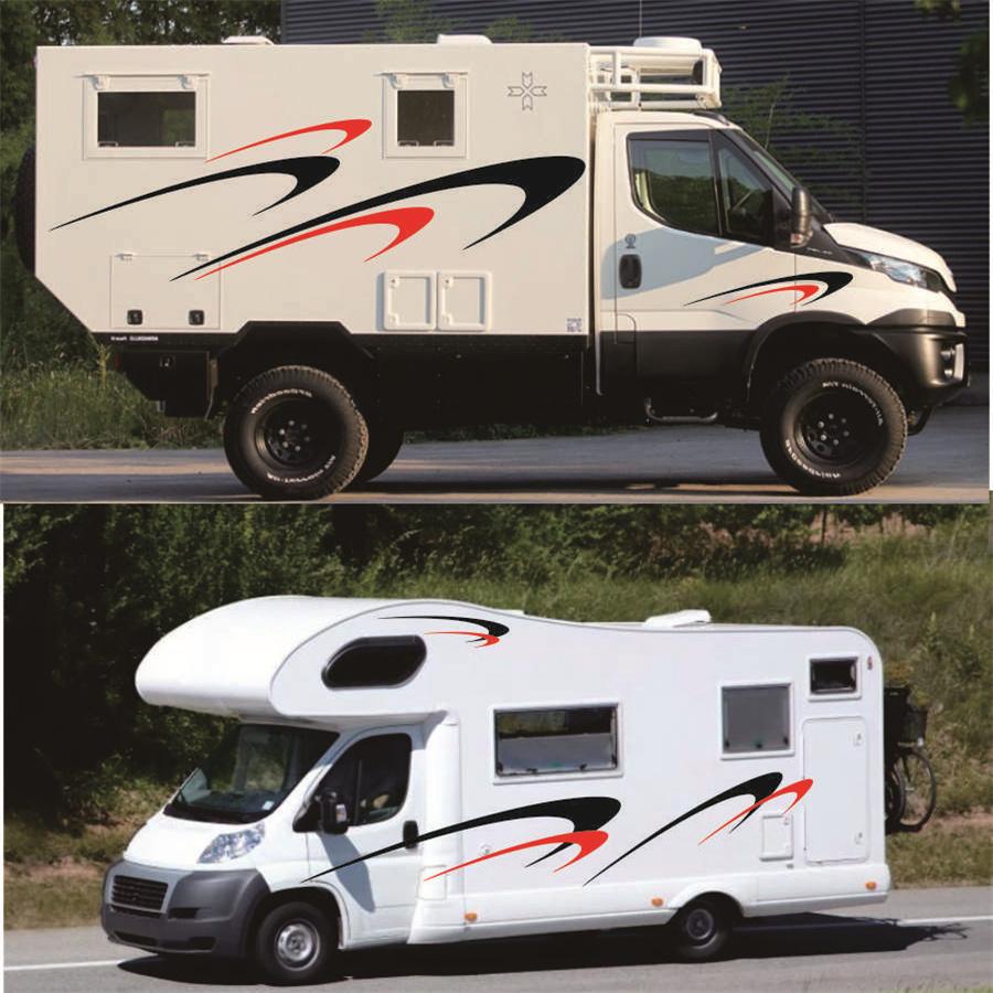 Car Two Body Side Stripes Stickers Vinly Decals Black+Red For Camper RV Trailer