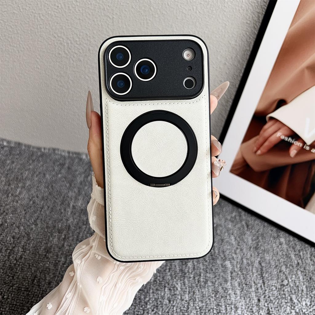 For iPhone 17 Pro Max Magnetic Case Calf Texture PU+TPU+PC Kickstand Phone Cover