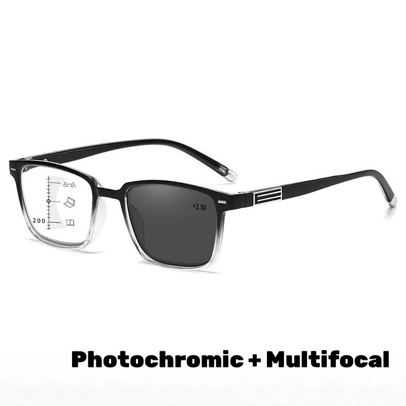 Progressive Multifocales Pochromic Reading Glasses Men's Retro Ultra Light Square Frame Anti Blue Light Eyeglasses Diopter
