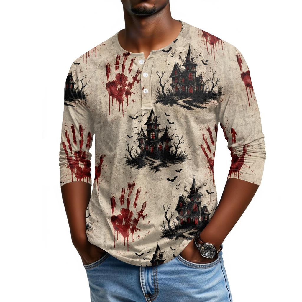 Men Casual Halloween Print Henley Shirt Raglan Sleeve Three Quarter Length Button Front Top for Fall Seasonal Wear