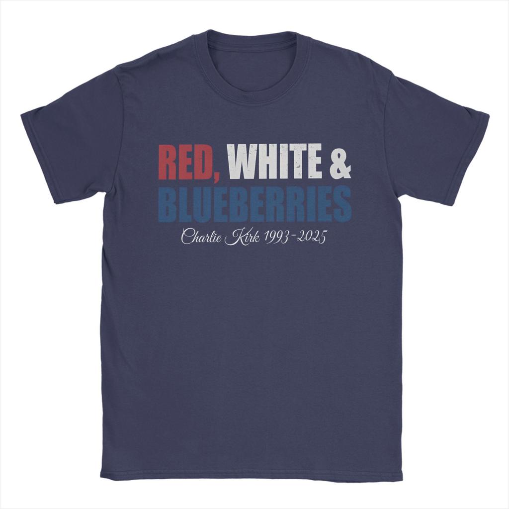 Red White & Blueberries Charlie Kirk Men T Shirt 2025 Memorial Freedom Tees Short Sleeve Round Collar T-Shirt Cotton Gift merch