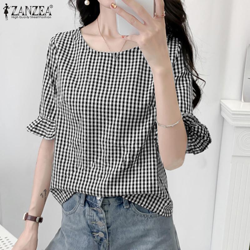 

ZANZEA Женская летняя повседневная блузка с круглым вырезом и половиной рукавов в клетку с принтом, топы