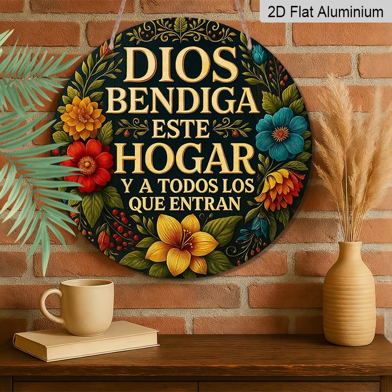 2D Flat, 1pc Spanish Prayer Plaque "God Bless This House" - Bilingual English/Spanish Religious Wall Decor with Latin Blessing, Vintage Round Altar