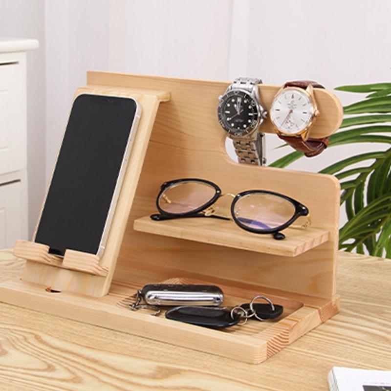 Nachtkastje Organizer Hout Telefoon Docking Station Sleutelhouder Portemonnee Stand Horloge Organizer Valentijnsdag Cadeaus Voor Hem Houten Organizer