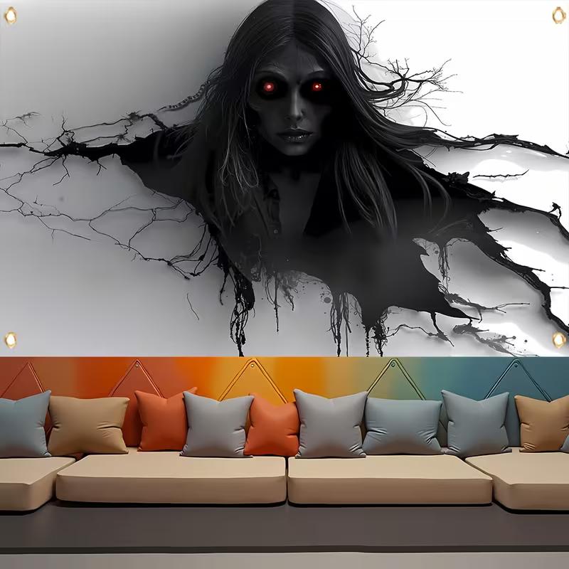 

2D Scary Ghost Woman Tapestry, Black & White Horror Wall Hanging Background Cloth 47.2x31.5inch/120*80cm