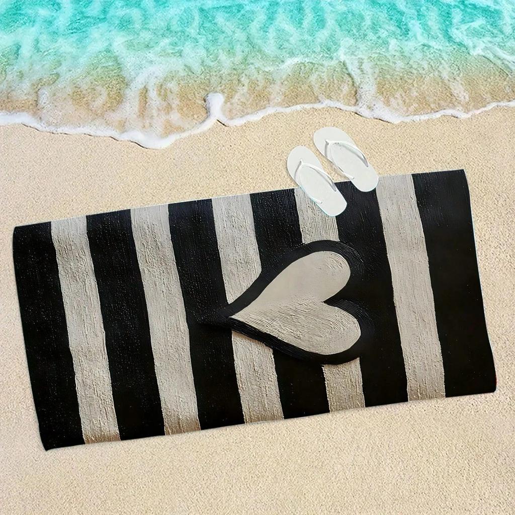 Telo Mare a Strisce Bianche e Nere a Forma di Cuore, Extra Large, Poliestere, Morbido, Assorbente, Asciugatura Rapida, Leggero, Spiaggia Piscina Viaggio Unisex
