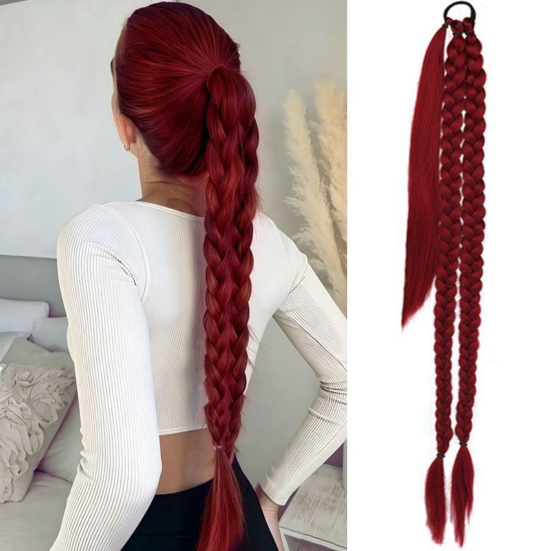 30Inch Black Double Braided Ponytail Extension, Long Straight Ponytail Hair Extension Heat Resistant Synthetic Wigs for Daily Us