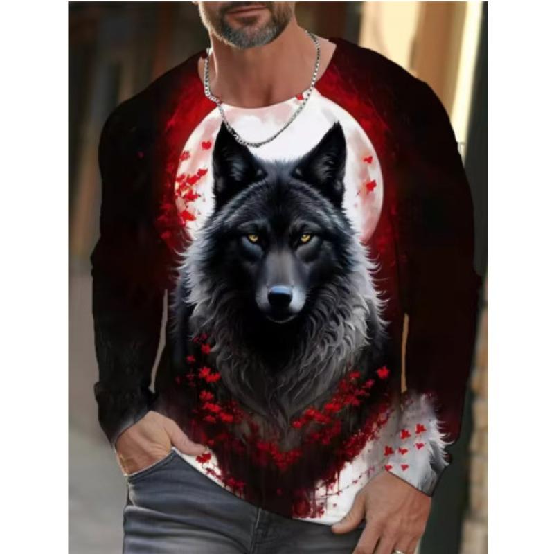 Round Neck 3D Animal Wolf Pattern Printed Top Fashionable Casual Long Sleeved Men's T-shirts
