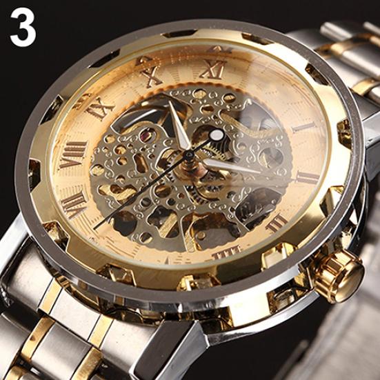Men Skeleton Roman Numerals Hollow Dial Stainless Steel Band Mechanical Watch