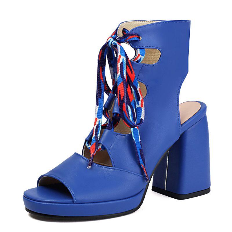 

New Design Female Sandals Round Toe Block Heels 9cm Platform 1.5cm Lace Up Plus Size 41 42 Fashion Dating Women Shoes 39 синий
