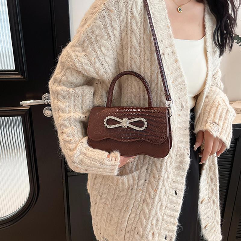 PU Leather Alligator Pattern Small Square Handbag Bow Design Women's Solid Color Fashion Shoulder Crossbody Bag AVE