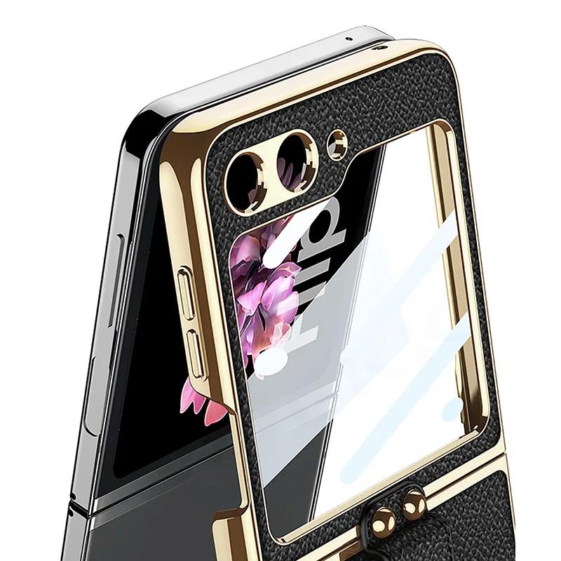 Luxury Plating Leather Shoulder Strap Case For Samsung Galaxy Z Flip 6 Screen Glass Ring Holder Cover For Galaxy Z Flip 5 Cases