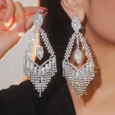High-end Luxury Shiny Rhinestone Long Fringed Earrings