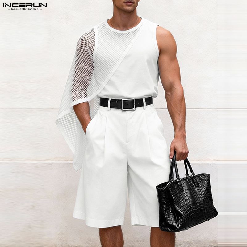 INCERUN Two Pieces Men Mesh Sheer Patchwork Sleeveless Tank Tops and Shorts Casual Sets