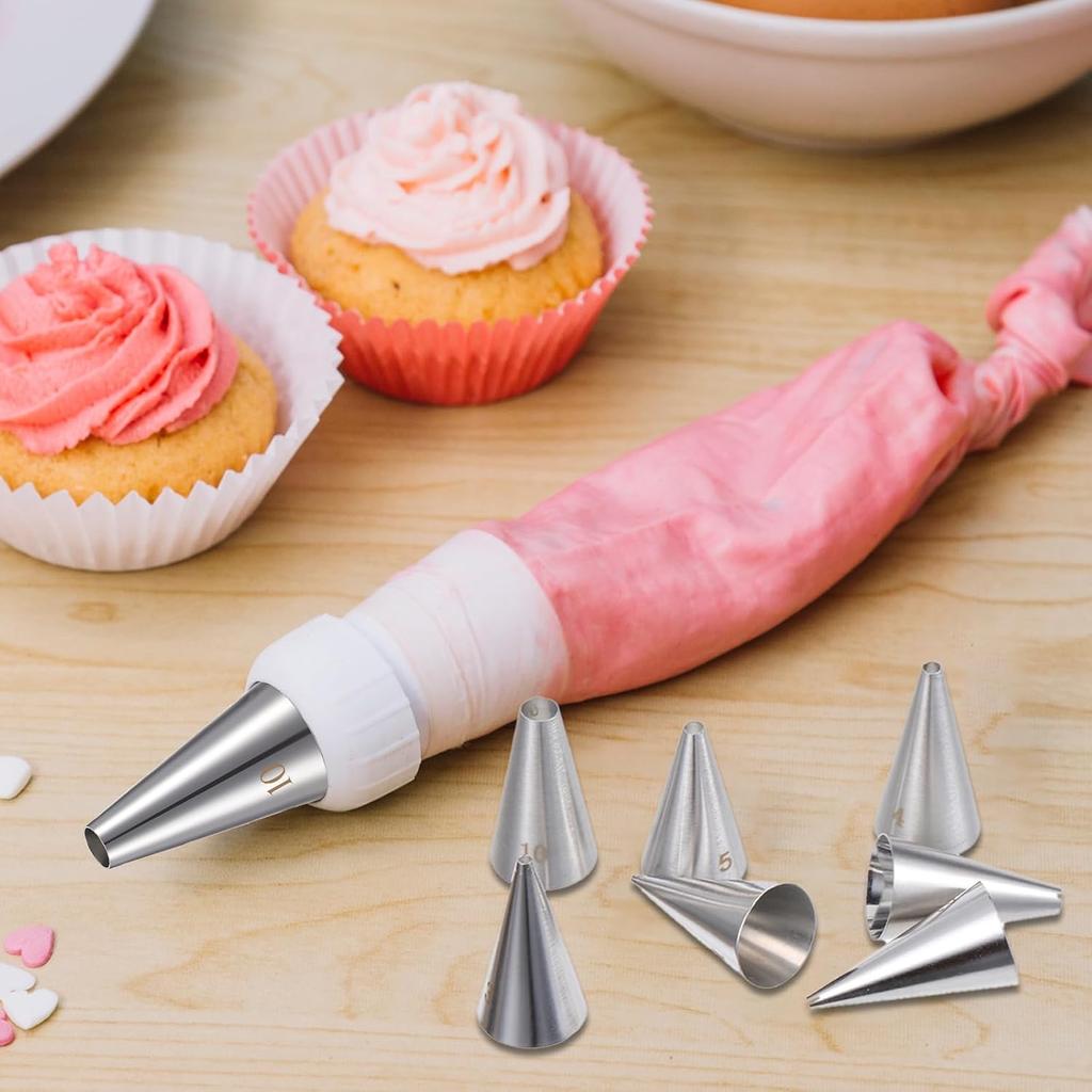 Bewudy 7 Pcs Round Hole Piping Tips Set, Stainless Steel Cupcake Frosting Nozzles Tool Professional Cake Decorating Tool for Baking Cookies Puff