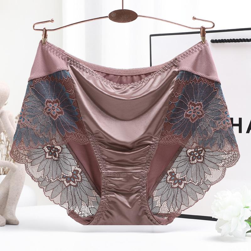 Modal Satin Lingerie Silky Triangle Underwear Sexy Lace Underpants Pure Cotton Mid Waist Briefs Plus Size Panties
