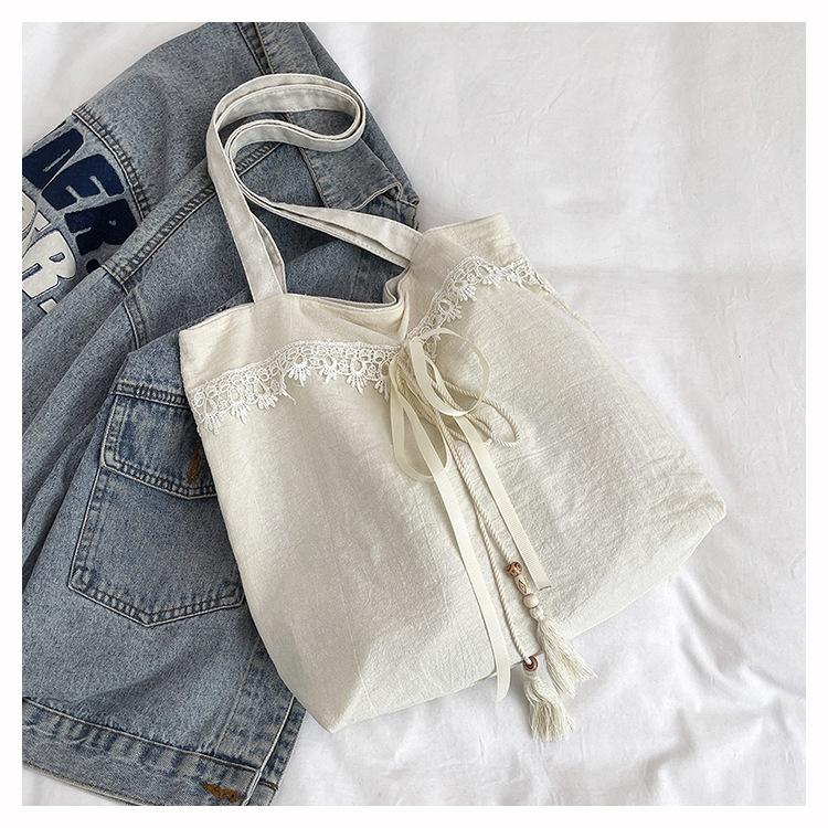 Simple Canvas Women's Beach Handbags Solid Color Lace Ladies Large Capacity Shoulder Bag Bow Tassel Female Travel Tote Bags