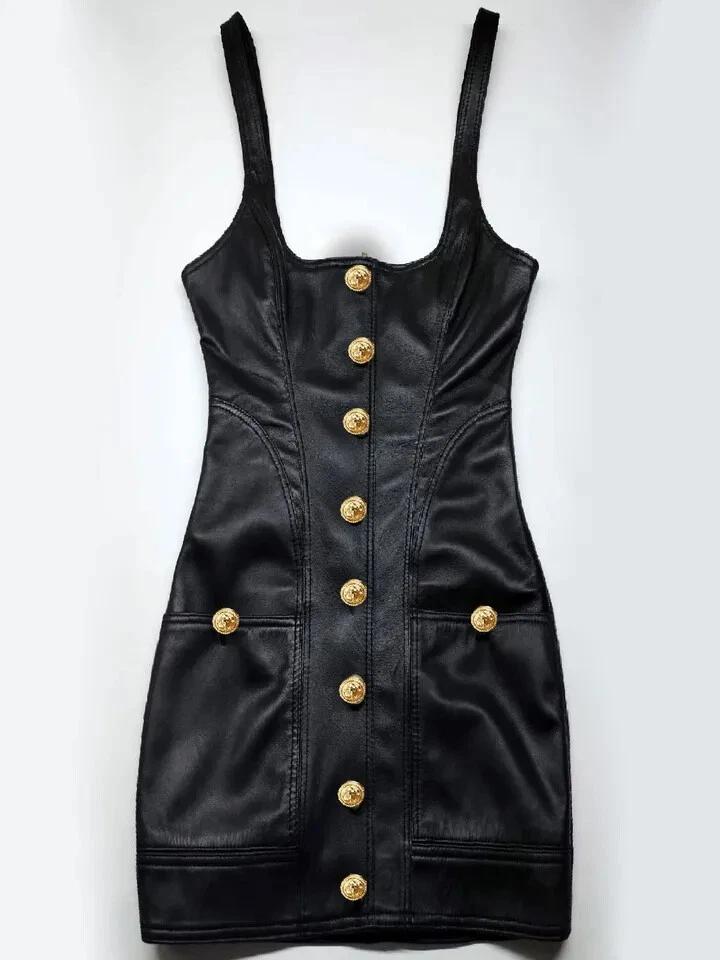 Stylové Párty Ležérní Dámské Černé Pravá Jehněčí Kůže Šaty Mini Ručně Vyráběné