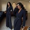 Women Solid V Neck Long Blazer Wide Leg Pants Casual Two Piece Set
