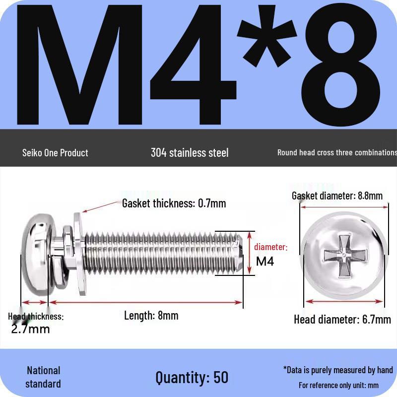 304 Stainless Steel Phillips Round Head Screw with Flat Washer M3/M4/M5/M6