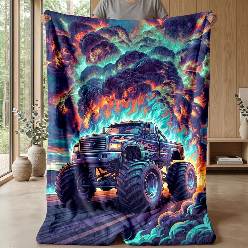 Fire-Racing Monster Trucks Theme Blanket Lightweight Warm Flannel Blanket Decorative Throw Blanket for Home Decoration