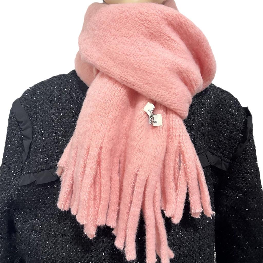 Solid Color Tassel Soft Waxy Plush Scarf for Women Autumn and Winter Plus Velvet Thickened Versatile Couple Student Warm Scarf