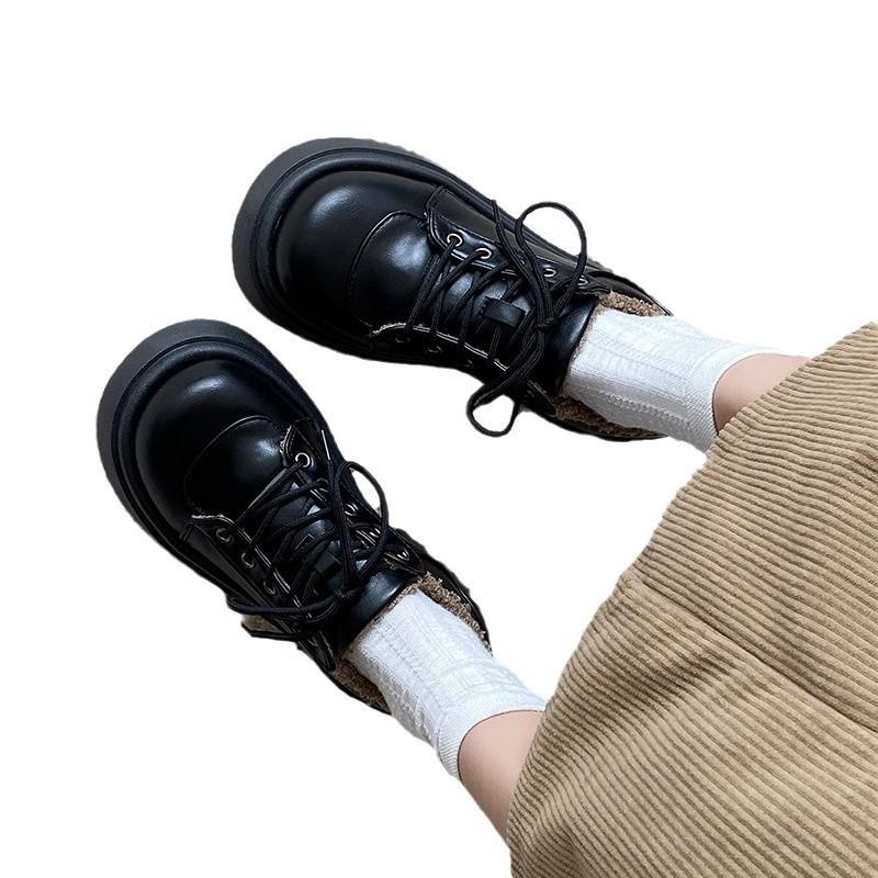 College Style Velvet Small Leather Shoes Women's Autumn and Winter New Lamb Wool Shoes Thick Sole Heightening Lace-up Loafers