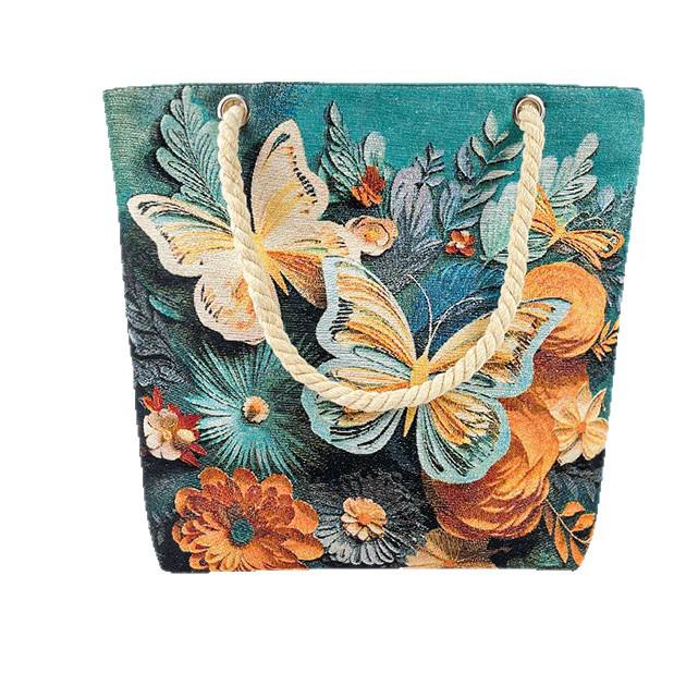 Trendy Gold Silk Jacquard Butterfly Canvas Shoulder Bag