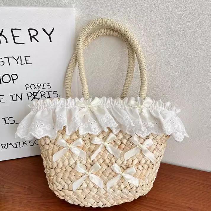 Holiday Sweet Straw Beach Bag Women Vintage Handle Lace Bow Chic Hand Bag Female Harajuku Aesthetic Weaving Bags