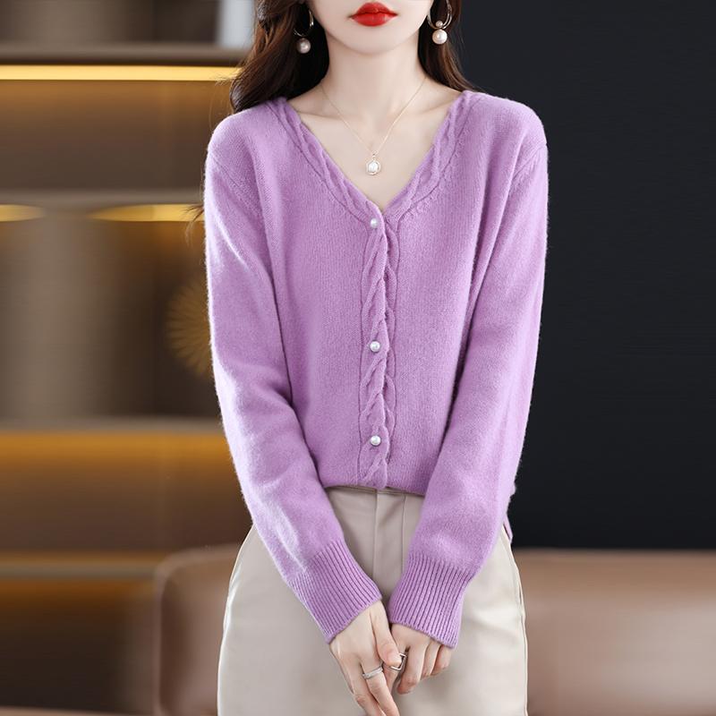 Dámský kašmírový kardigan Qinghe kašmír 30% kašmír 70% vlna podzimní a zimní kašmírový zahuštěný kardigan měkký a hřejivý