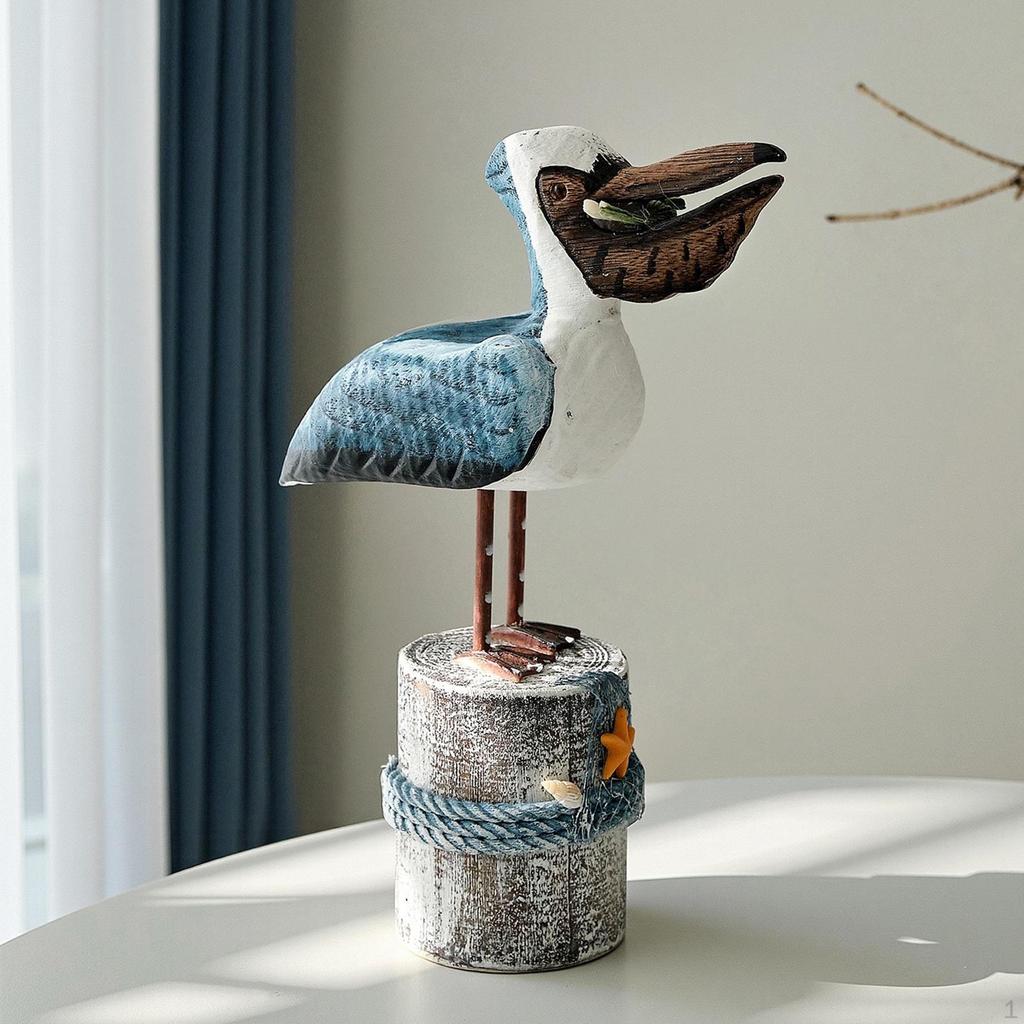 Nautical Statue Seagull Biting Figurine Wood Art Craft Animal Sculpture for Office Cabinet