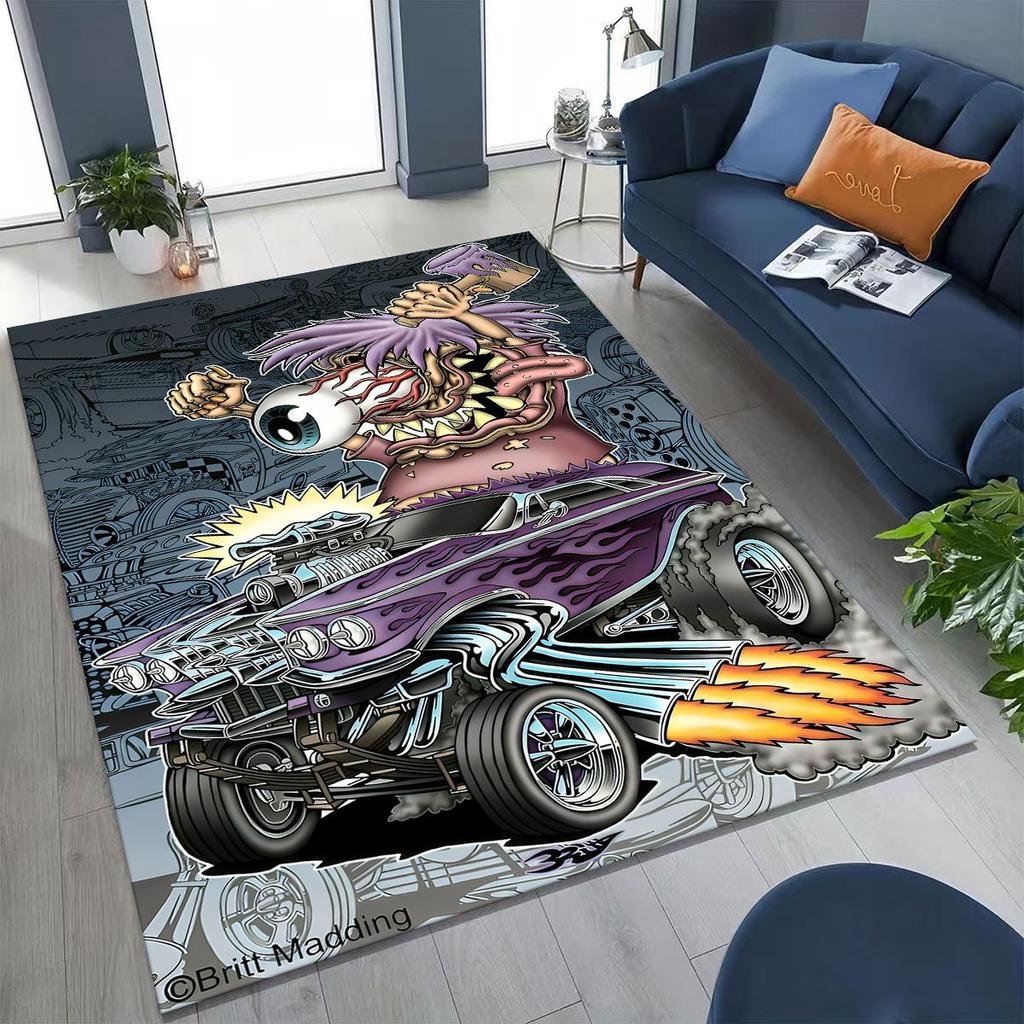 3D Rebellious RAT FINK Auto's Bord Cartoon Vloerkleed voor Slaapkamer Woonkamer Bank Huis Deurmat Decoratie, Groot Kinder Speel Antislip Vloermat