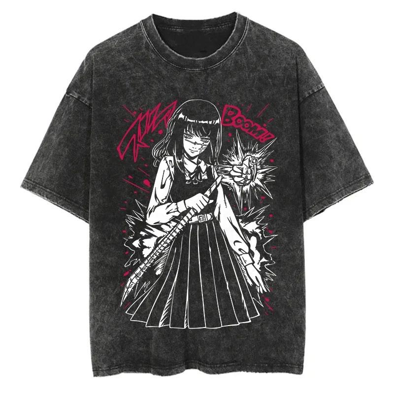 Chainsaw Man Anime Vintage Printed Washed T-shirt Women Men Harajuku Oversize Streetwear Y2K Tops Short Sleeve Tee Unisex