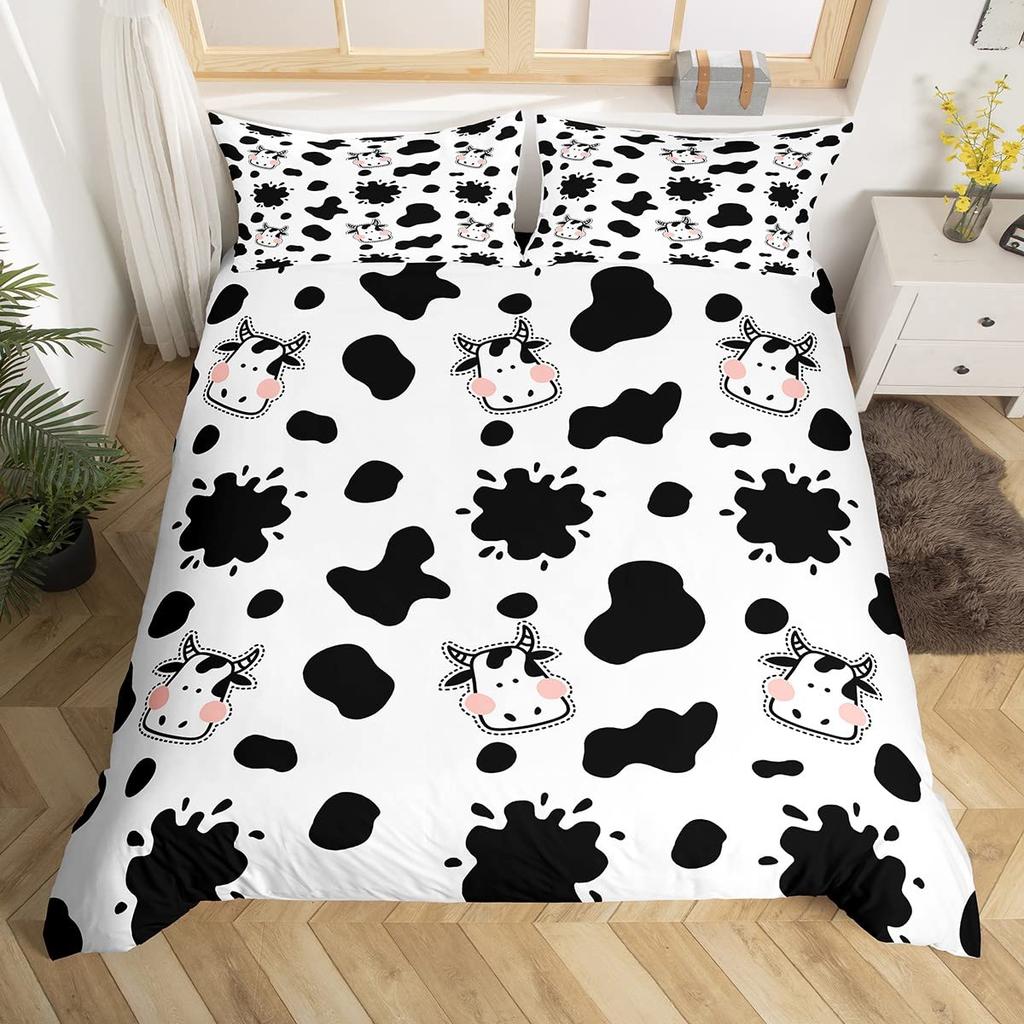 Cow Print Bedding Set King Size Kids Black White Duvet Cover Set Cartoon Milk Cow Comforter Cover Animal Farmhouse Quilt Cover